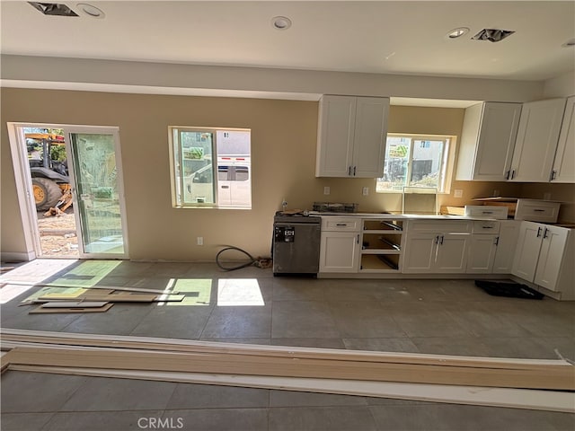 kitchen featuring a wealth of natural light and white cabinets