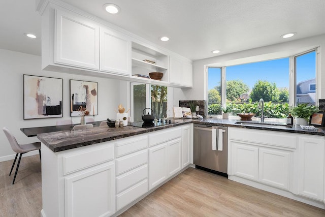 kitchen featuring sink, stainless steel dishwasher, kitchen peninsula, and white cabinets