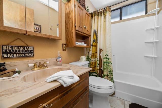 full bathroom featuring shower / tub combo, tile patterned flooring, vanity, and toilet