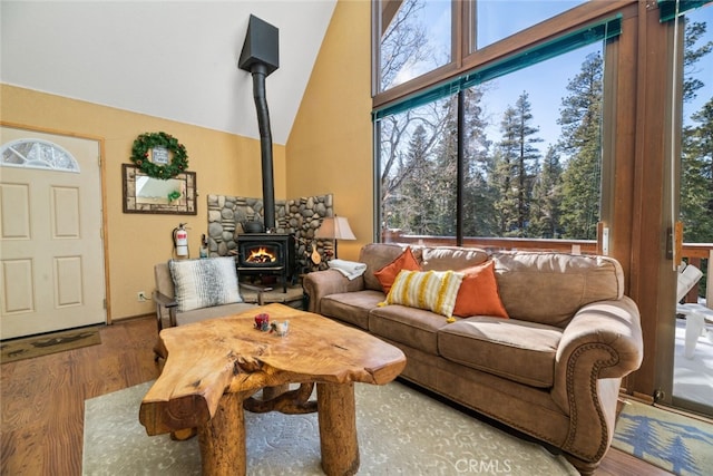 living room with a wood stove, hardwood / wood-style flooring, and plenty of natural light