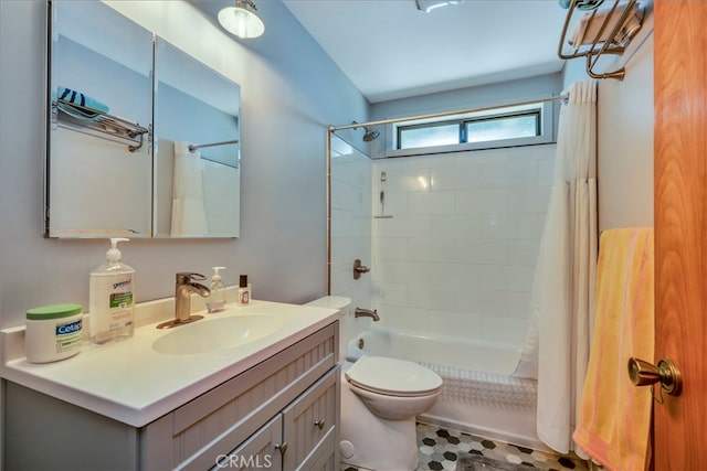 full bathroom with vanity, shower / tub combo with curtain, toilet, and tile patterned flooring