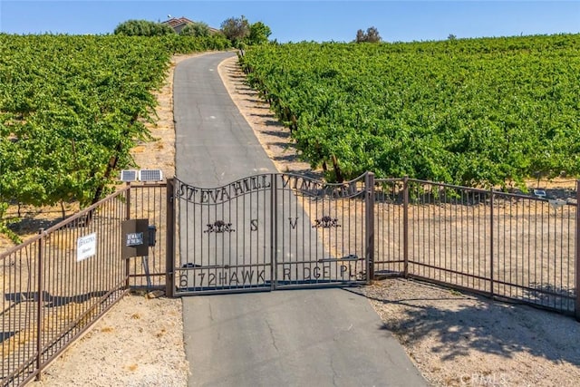 view of gate featuring a rural view and fence