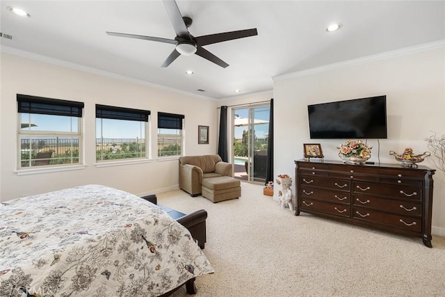 bedroom with access to exterior, crown molding, visible vents, light carpet, and baseboards