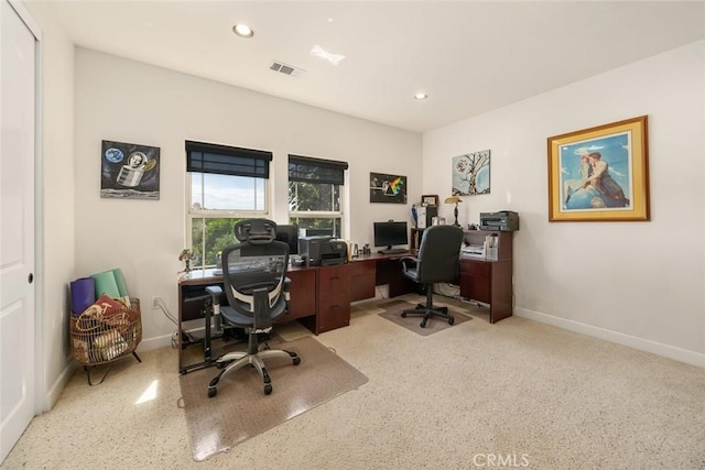 office space featuring baseboards, visible vents, and recessed lighting