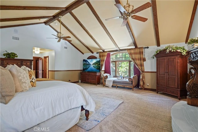 carpeted bedroom featuring ceiling fan, beamed ceiling, and high vaulted ceiling