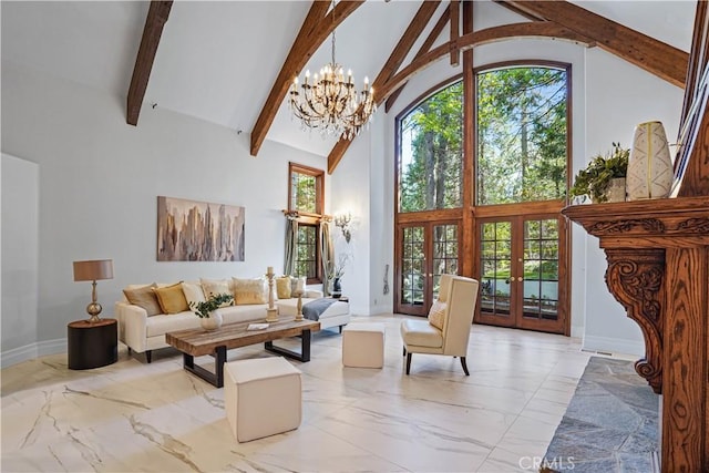 living room featuring beamed ceiling, an inviting chandelier, high vaulted ceiling, and french doors