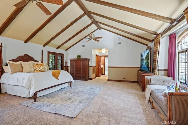 bedroom with ceiling fan, beam ceiling, light carpet, and high vaulted ceiling