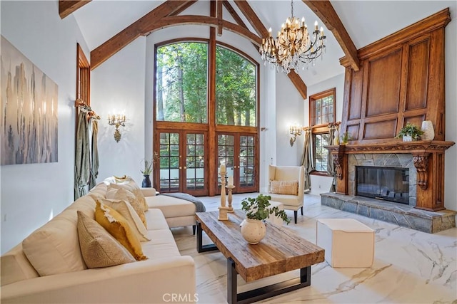 living room featuring a fireplace, french doors, high vaulted ceiling, and beamed ceiling