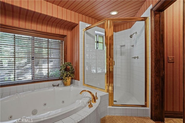 bathroom with separate shower and tub and a healthy amount of sunlight