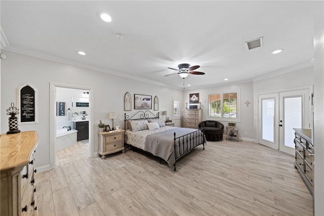 bedroom featuring access to outside, light hardwood / wood-style flooring, ensuite bathroom, ceiling fan, and french doors