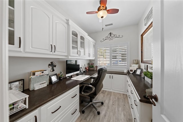 office area featuring light hardwood / wood-style floors and ceiling fan