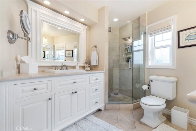 bathroom with tile patterned flooring, vanity, toilet, and a shower with shower door