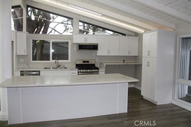 15814 Septo St, North Hills, CA 91343 - kitchen featuring a sink, stainless steel appliances, white cabinets, dark wood-style floors, and wooden ceiling