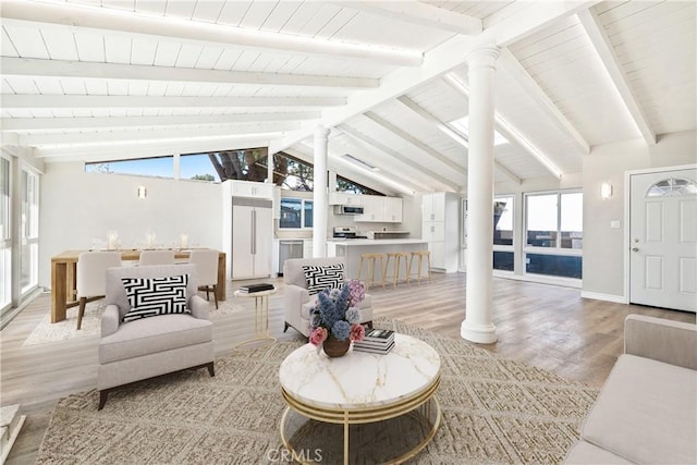 15814 Septo St, North Hills, CA 91343 - living room featuring light wood-type flooring, decorative columns, wooden ceiling, and baseboards