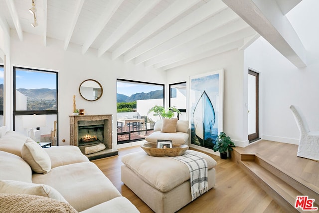 living room featuring a premium fireplace, plenty of natural light, light hardwood / wood-style floors, a mountain view, and beamed ceiling