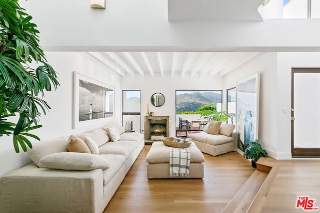 living room featuring beamed ceiling, a premium fireplace, a wealth of natural light, and light wood-type flooring