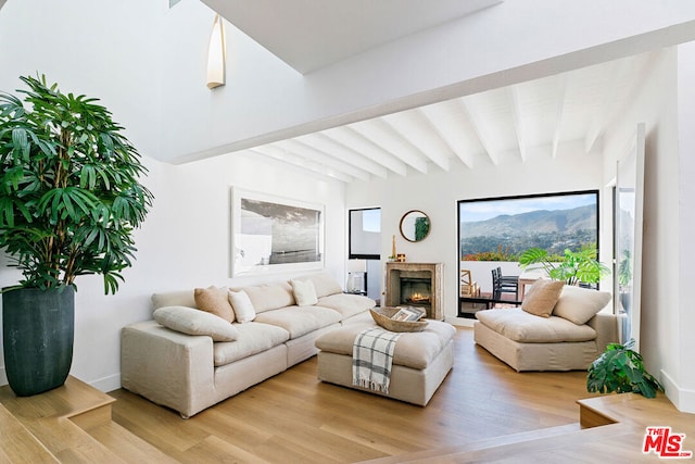 living room featuring beamed ceiling and light hardwood / wood-style floors