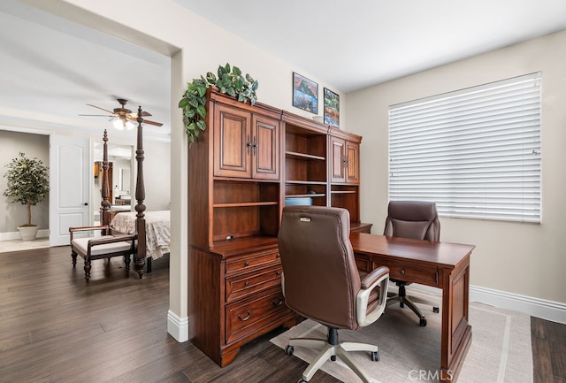 home office with ceiling fan and dark hardwood / wood-style flooring