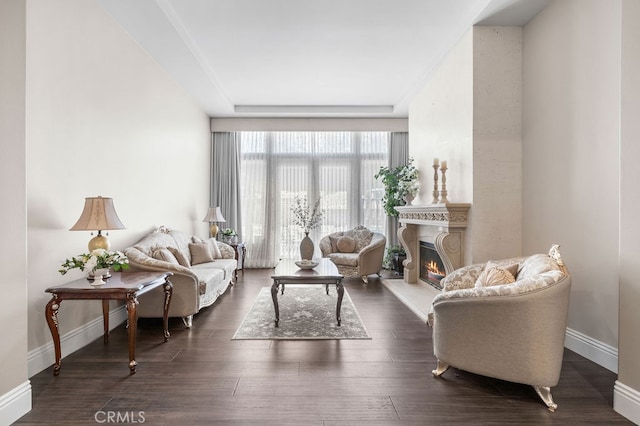 living room featuring dark wood-type flooring