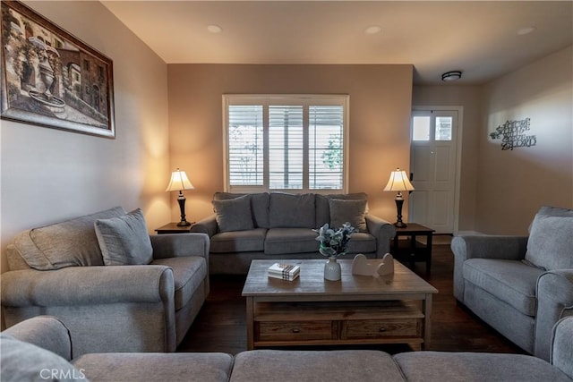 living room featuring dark hardwood / wood-style floors and a healthy amount of sunlight