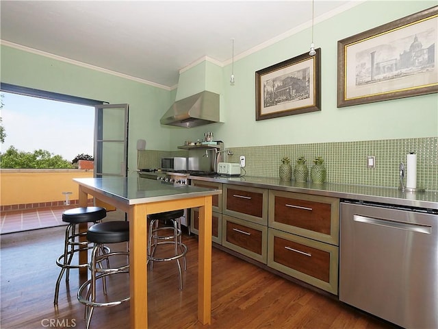 85 Vanderlip Dr, Rancho Palos Verdes, CA 90275 - kitchen featuring crown molding, exhaust hood, stainless steel counters, appliances with stainless steel finishes, and backsplash