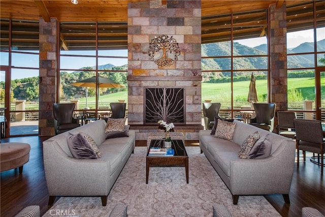 living room with a mountain view, a healthy amount of sunlight, a fireplace, hardwood / wood-style floors, and a high ceiling