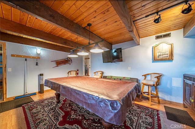 game room with beamed ceiling, wood ceiling, pool table, and hardwood / wood-style flooring