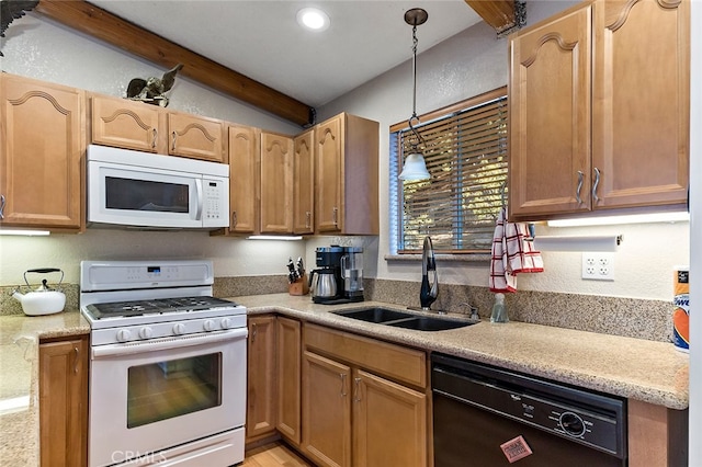 kitchen featuring vaulted ceiling with beams, white appliances, hanging light fixtures, and sink