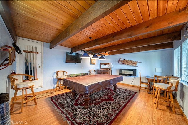 rec room with light wood-type flooring, beam ceiling, wooden ceiling, and billiards