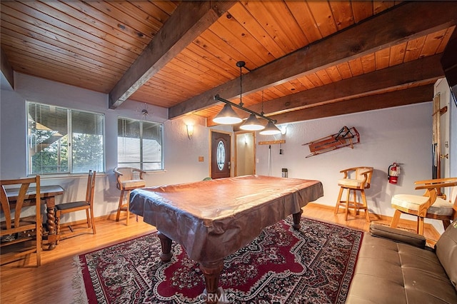 rec room featuring wood-type flooring, beamed ceiling, wood ceiling, and pool table