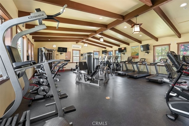 workout area featuring an AC wall unit and vaulted ceiling