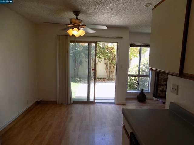 interior space with ceiling fan, plenty of natural light, and light wood-type flooring