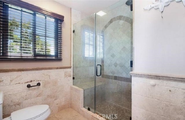 bathroom with a shower with door, plenty of natural light, tile walls, and toilet