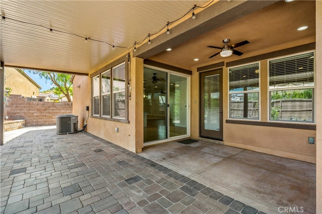 view of patio / terrace featuring central AC unit and ceiling fan