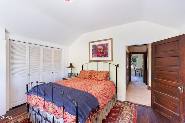 bedroom featuring dark hardwood / wood-style flooring, lofted ceiling, and a closet