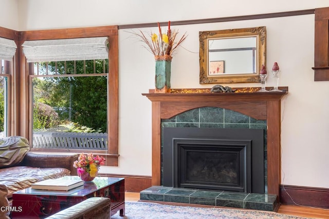 room details with a tiled fireplace and hardwood / wood-style flooring