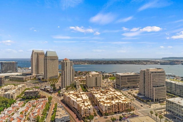 aerial view featuring a water view