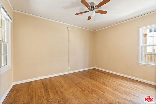 unfurnished room with light wood-type flooring, crown molding, and ceiling fan