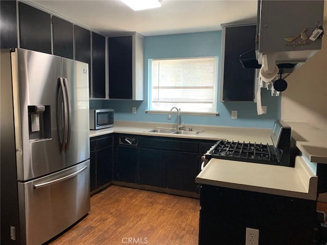 kitchen featuring appliances with stainless steel finishes, sink, and light hardwood / wood-style flooring