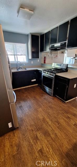 kitchen with dark wood-type flooring, stainless steel appliances, and sink