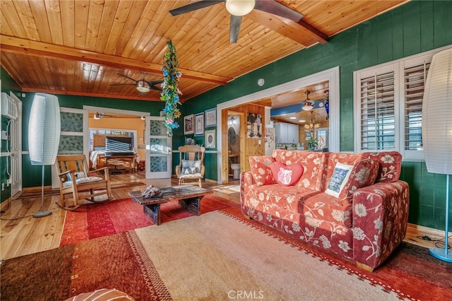 interior space featuring wood ceiling, beam ceiling, and ceiling fan