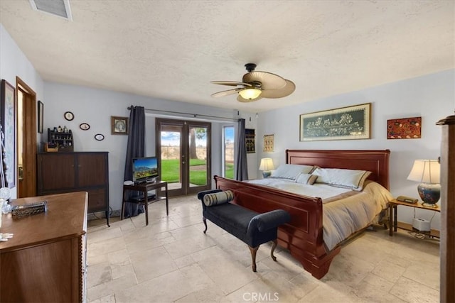 bedroom featuring a textured ceiling and ceiling fan