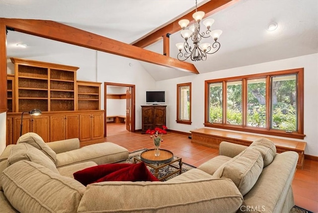 living area with baseboards, vaulted ceiling with beams, an inviting chandelier, and tile patterned floors