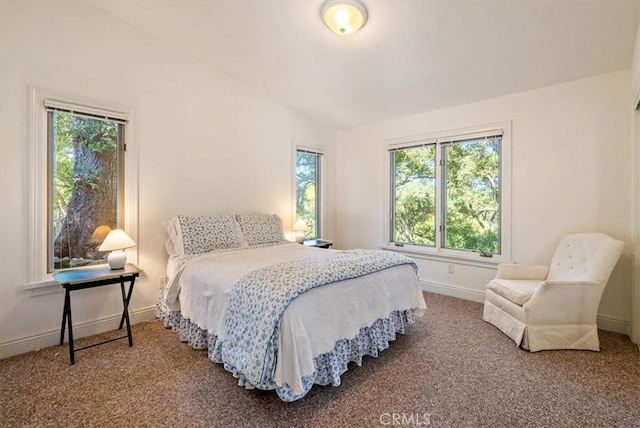 bedroom with lofted ceiling, carpet, and baseboards