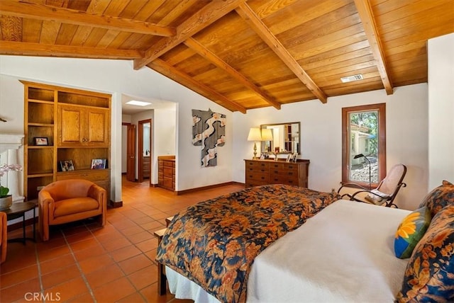 tiled bedroom with wood ceiling, visible vents, vaulted ceiling with beams, and baseboards