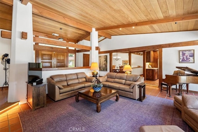 tiled living area with vaulted ceiling with beams, wood ceiling, and a notable chandelier