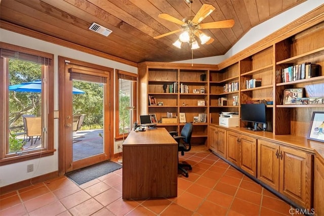 office area with wooden ceiling, visible vents, a wealth of natural light, and built in desk