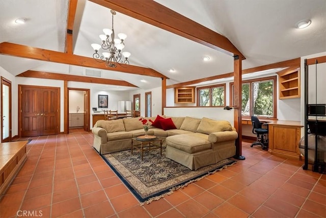 tiled living area with lofted ceiling with beams, built in desk, visible vents, and an inviting chandelier