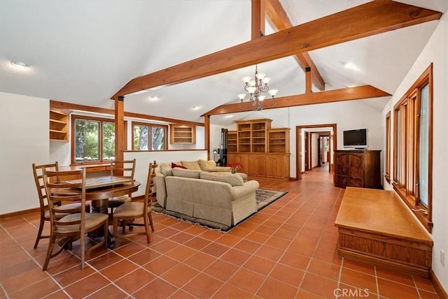 tiled living room with vaulted ceiling with beams, an inviting chandelier, and baseboards