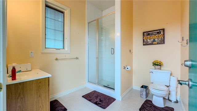 bathroom with toilet, a shower stall, and vanity